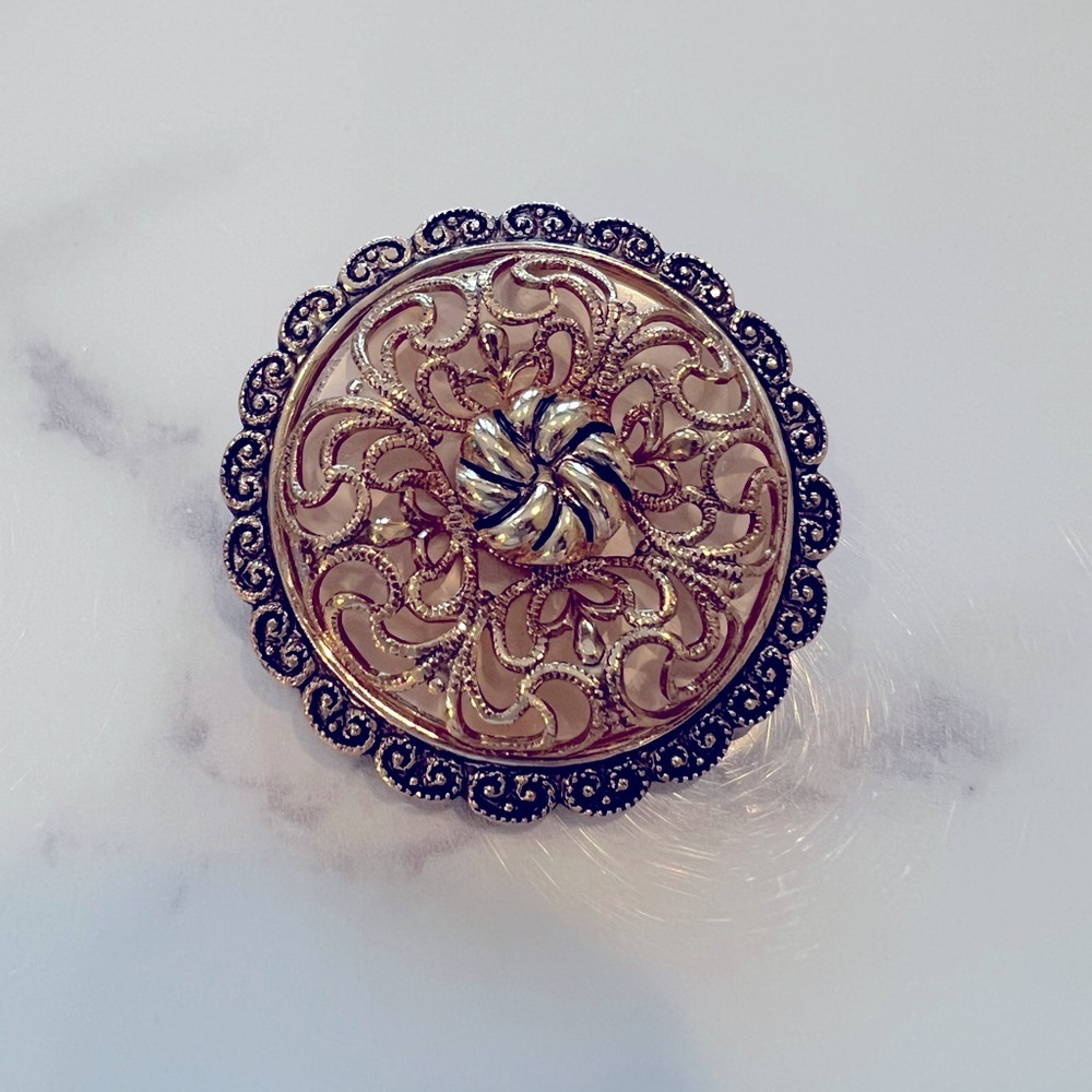 West Germany Vintage Scarf Clip, Filigree over Bakelite